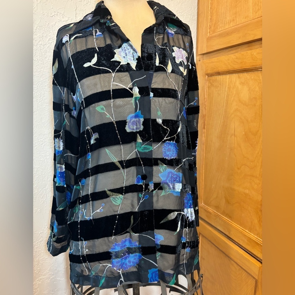 Holiday Party NYPL Collection Floral Velvet Burnout Sheer Blouse Size Small